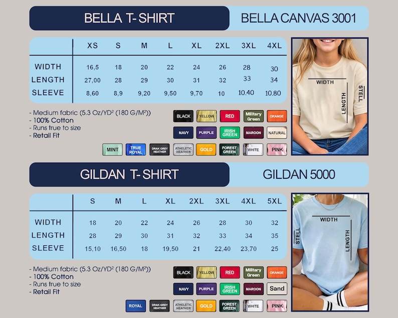 以下が含まれることがあります： BellaとGildanブランドのTシャツのサイズ表。寸法はセンチメートルです。表には、幅、長さ、袖の寸法、黒、ネイビー、赤などの色のオプションが表示されます。生地の詳細が含まれています。