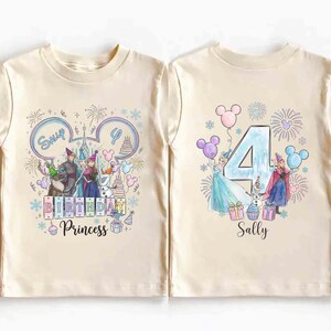 May include: Two cream-colored short-sleeve t-shirts featuring watercolor-style graphics. The left shirt displays characters, fireworks, and the text "BIRTHDAY Princess". The right shirt shows a large number "4", characters, and the name "Sally".