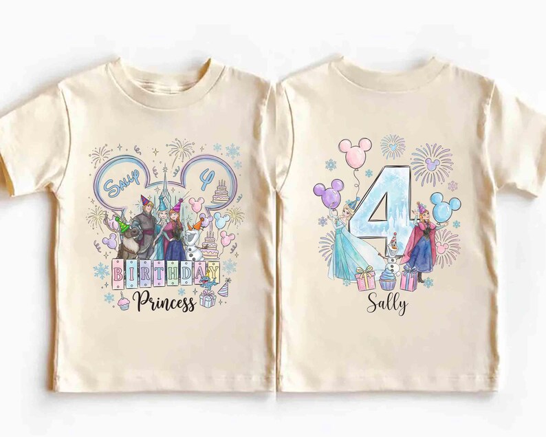 May include: Two cream-colored short-sleeve t-shirts featuring watercolor-style graphics. The left shirt displays characters, fireworks, and the text "BIRTHDAY Princess". The right shirt shows a large number "4", characters, and the name "Sally".