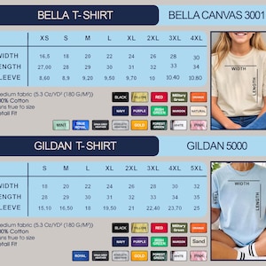 May include: A chart detailing t-shirt sizes and colors for Bella and Gildan brands. Measurements are in inches. The chart includes width, length, and sleeve dimensions, along with color options like black, navy, and red. Two models are wearing t-shirts.