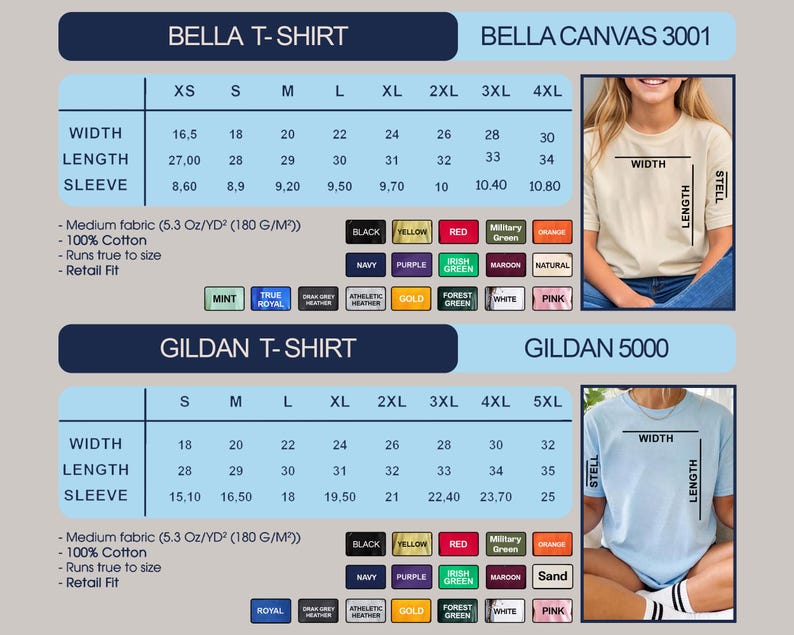 May include: A chart detailing t-shirt sizes and colors for Bella and Gildan brands. Measurements are in inches. The chart includes width, length, and sleeve dimensions, along with color options like black, navy, and red. Two models are wearing t-shirts.