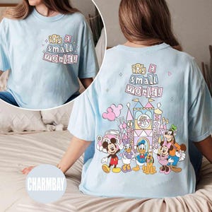 Pu&ograve; includere: T-shirt azzurra con la scritta "It's a Small World!" sul davanti e sul retro. Il retro presenta una grafica colorata di personaggi Disney e un castello. Stile casual e confortevole.