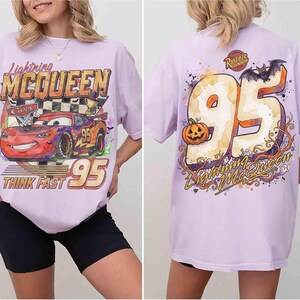 Watercolor Lightning McQueen Checkered Halloween Shirt, 2-sided Mcqueen 95 Think Fast Tee, Disney Pixar Cars Shirt, Disneyland Family Trip image 2