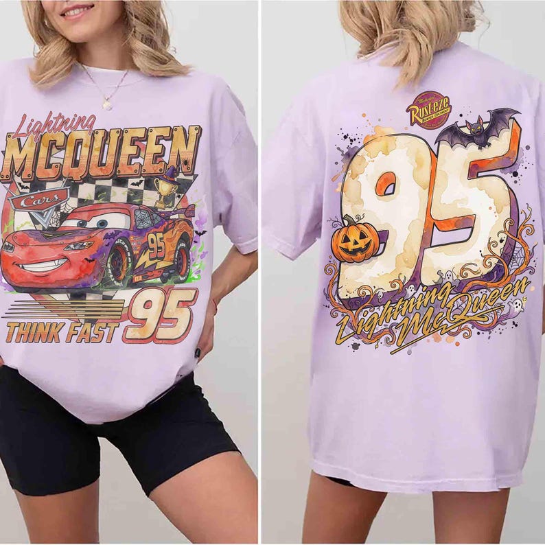 Watercolor Lightning McQueen Checkered Halloween Shirt, 2-sided Mcqueen 95 Think Fast Tee, Disney Pixar Cars Shirt, Disneyland Family Trip image 2