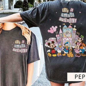 Pu&ograve; includere: T-shirt grigio scuro con la scritta "It's a Small World!" sul davanti e sul retro. Il retro presenta una grafica colorata di personaggi Disney e un castello. La maglietta &egrave; uno stile comodo e casual.