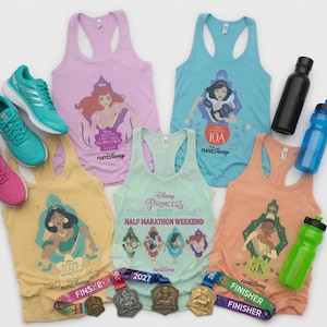 May include: Five racerback tank tops featuring Disney Princess graphics, including Ariel, Snow White, Jasmine, and Tiana. The collection includes running shoes in teal and pink, three metal finisher medals, and three water bottles in black, blue, and green.
