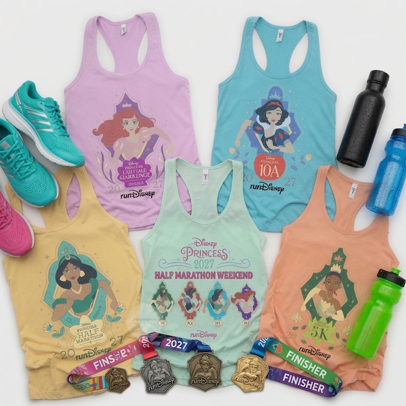 May include: Five racerback tank tops featuring Disney Princess graphics, including Ariel, Snow White, Jasmine, and Tiana. The collection includes running shoes in teal and pink, three metal finisher medals, and three water bottles in black, blue, and green.