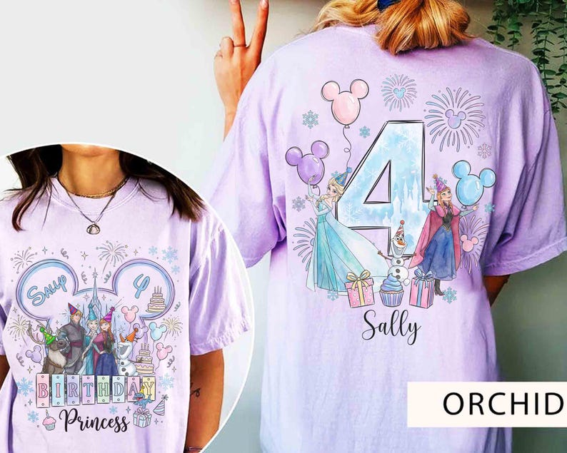 May include: A light purple t-shirt featuring a graphic print of two animated characters, a snowman, and a large number 4. The design includes balloons, fireworks, and gift boxes. The name Sally is printed below the graphic in a cursive font.