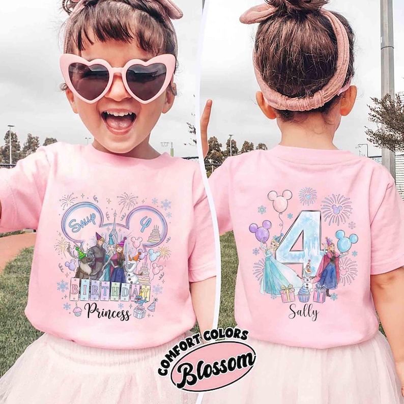 May include: A light pink short-sleeve t-shirt featuring a front graphic of Disney characters, fireworks, and the text Birthday Princess. The back graphic displays a large number 4, Disney characters, and the name Sally in black script.