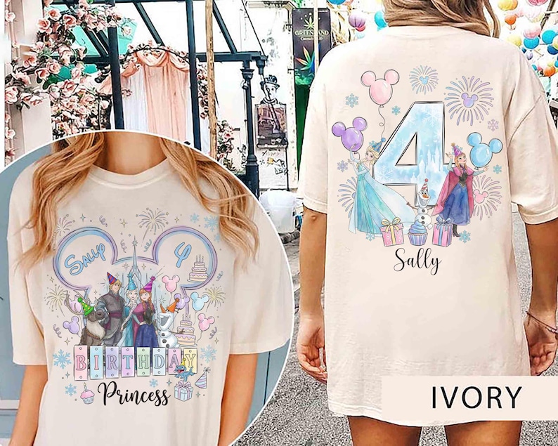 May include: An ivory t-shirt featuring a graphic print of characters from Frozen. The front displays the text 'Sally', 'BIRTHDAY', and 'Princess' with a castle and balloons. The back shows a large number 4, fireworks, and characters.