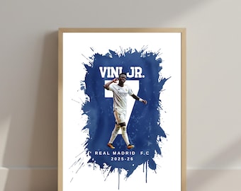 Cartel de Vinicius Júnior Real Madrid / Acuarela Fútbol Arte Impresión / Temporada 2025-26