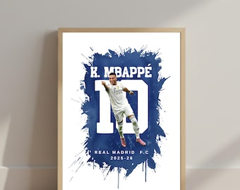 Póster de Kylian Mbappé del Real Madrid / Impresión artística de fútbol en acuarela / Temporada 2025-26