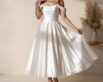 Off Shoulder Satin Midi Wedding Dress Vintage Bridal Gown A Line Tea Length Dress Elegant Reception Dress Spring Summer