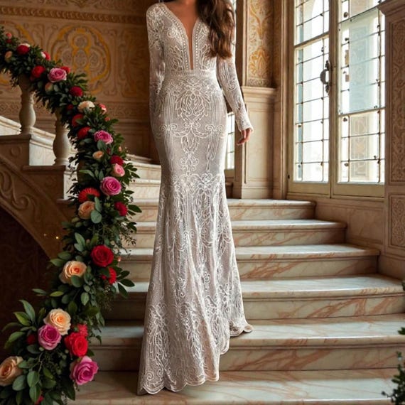 meghan markle backless dress Chic Mermaid Deep V neck White Wedding Dress Rustic Bridal Dresses lpk –  SELINADRESS main image 0