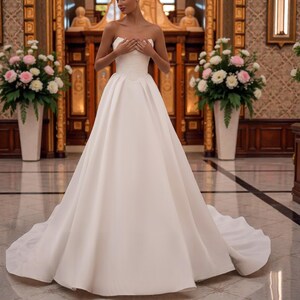 chinese dress ladies Zapaka Women Court Train Ivory Wedding Dress V-Neck Stretch Satin A Line Sleeveless Bridal Dress, Ivory / US8 main image 0