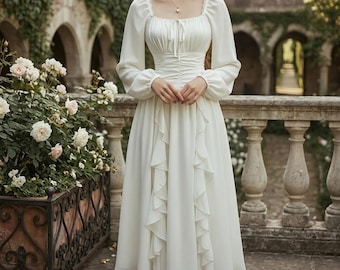 Cottagecore Midi Dress Ruffled Lantern Sleeve Romantic Vintage Dress Square Neck Fairycore Wedding Guest Dress Spring Summer