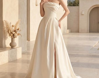 Vestido de novia de satén sin tirantes, corte A, vestido de novia minimalista, elegante vestido de novia con cola larga, regalo de boda de primavera/verano