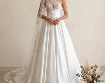 One Shoulder Lace Wedding Dress Satin A Line Bridal Gown with Train Elegant Bride Dress Spring Summer Wedding Bridal Shower Gift