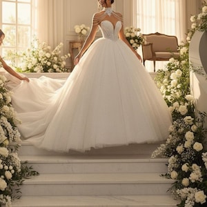 May include: A white wedding gown with a full skirt and a beaded bodice. The dress features a sweetheart neckline and a long train. The bride is standing on a marble staircase decorated with white roses.