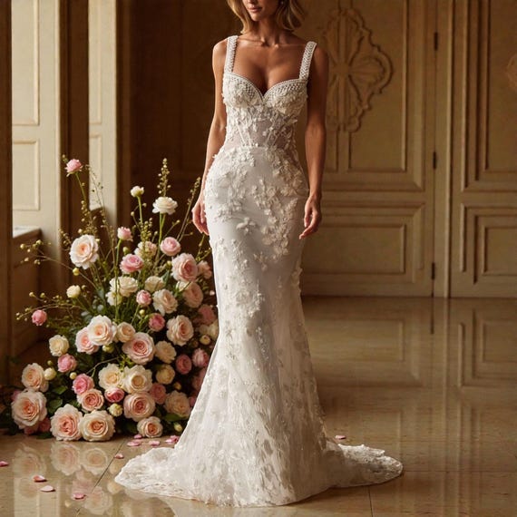Custom Mermaid Sweetheart Wedding Dress Lace Appliques Floral Bridal Gown Spring Summer Bridal Shower Gift for Bride Easter Wedding
