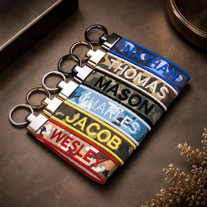May include: A set of six fabric keychains with metal rings, each featuring a camouflage pattern in different colors including blue, green, and red. The names NATHAN, THOMAS, MASON, CHARLES, JACOB, and WESLEY are embroidered in bold capital letters.