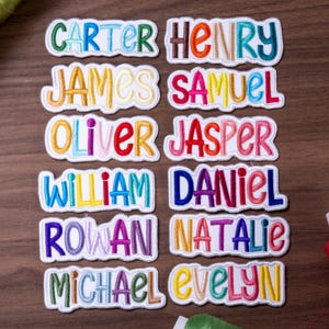 May include: A collection of twelve embroidered name patches featuring various names including Carter, Henry, James, Samuel, Oliver, Jasper, William, Daniel, Rowan, Natalie, Michael, and Evelyn, each rendered in colorful, multi-toned stitched lettering.