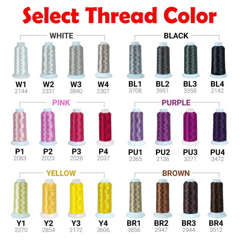 May include: A color chart titled Select Thread Color displaying rows of embroidery thread spools categorized by color groups: White, Black, Pink, Purple, Yellow, and Brown. Each spool is labeled with a code like W1, BL1, P1, PU1, Y1, or BR1 and a number.