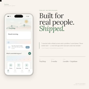 Może przedstawiać: Smartfon wyświetla interfejs aplikacji TinyStep, charakteryzujący się czystym designem i jasną paletą kolorów. Ekran wyświetla tekst, w tym "Good morning" i monity dotyczące codziennych zadań. Widoczne jest logo aplikacji.