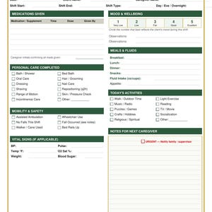 May include: A white Caregiver Daily Shift Log form with dark green headers and gold borders. It includes sections for client details, medications, mood, meals, personal care, mobility, vital signs, activities, and notes for the next caregiver.