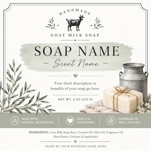 Puede incluir: Una etiqueta rectangular para jabón de leche de cabra con una ilustración de cabra, el texto SOAP NAME y Scent Name, un peso neto de 113 g y un gráfico de una pastilla de jabón atada con cuerda junto a una lechera de metal y hojas verdes.