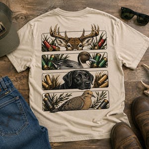 May include: A beige t-shirt featuring a graphic print of four horizontal panels. The panels display a deer, a duck, a black Labrador retriever, and a dove, each surrounded by tall grass and scattered shotgun shells in various colours.