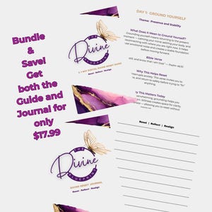 May include: A digital guide and journal bundle with the text "The Divine Blueprint" and "Reset | Reflect | Realign." The design features purple and gold accents, butterflies, and the words "Bundle & Save!" and "Day 1: Ground Yourself."