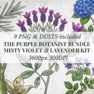 Purple Botanist Vintage Paper & PNG Clipart Bundle, Lavender Violet Hydrangea Junk Journal Kit, 3600px 300DPI Digital Scrapbook Background