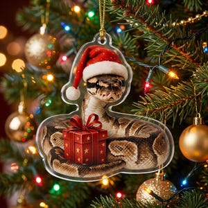 May include: A clear acrylic Christmas tree ornament featuring a brown and tan patterned snake wearing a red and white Santa hat. The snake is coiled around a small, square red gift box decorated with gold stars and a red ribbon bow.