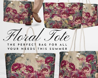 Vintage Botanical Getaway Bag, Floral Weekender Bag, Floral Travel Duffel, Ottoman Inspired Overnight, Boho Carry On, Elegant Getaway Travel