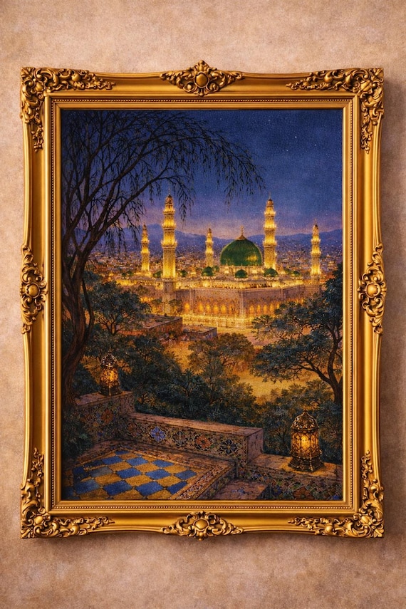 Masjid Nabawi, 20th Century Islamic Painting, Evening Vintage Sketch, Islamic Wall Art