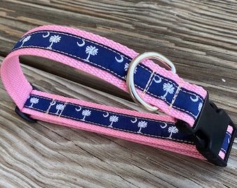 SC Dog Collar on PINK - Palmetto Tree Crescent Moon