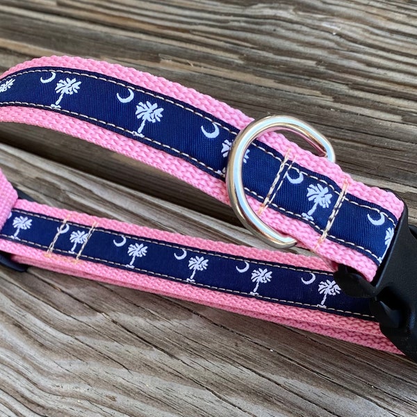 SC Dog Collar on PINK - Palmetto Tree Crescent Moon