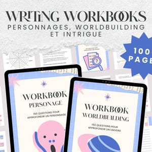 May include: Two tablets display workbooks for writing, with the titles "Workbook Personage" and "Workbook Worldbuilding." The image includes the text "Writing Workbooks" and "100+ Pages." The workbooks feature pastel colors and illustrations.