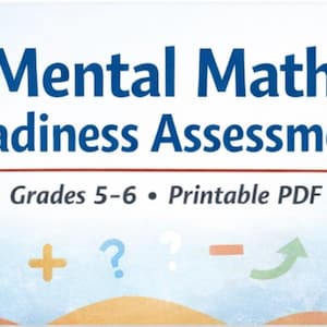 Può includere: Grafica blu e bianca con il testo "Mental Math Readiness Assessment" e "Grades 5-6 Printable PDF". Lo sfondo presenta forme e simboli matematici blu e bianchi.