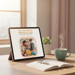 Może przedstawiać: Tablet cyfrowy wyświetla tekst "How I Ended Morning Meltdowns in 21 Days (Even Though My Kid Has ADHD)". Obok otwartego notatnika i długopisu stoi parujący kubek kawy. Mała roślina sukulentowa znajduje się w białej doniczce.