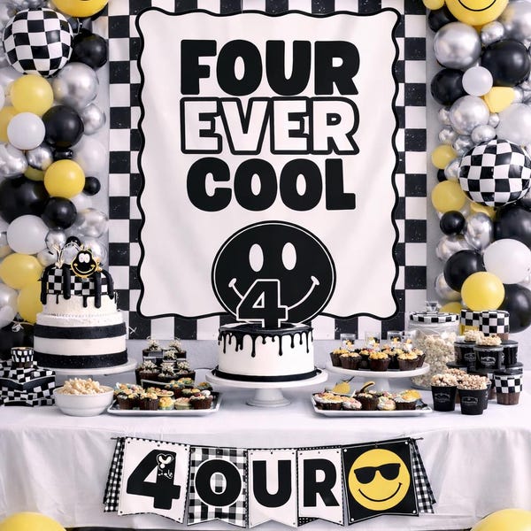 Four Ever Birthday Backdrop | Black White Smiley Face Party Decor