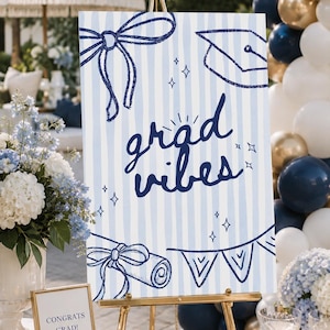Grad Vibes Graduation Party Sign | Blue Stripes, Illustrations (Digital Download)