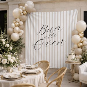 Bun in the Oven Baby Shower Backdrop, Neutral Stripes, Minimalist Script Party Decor