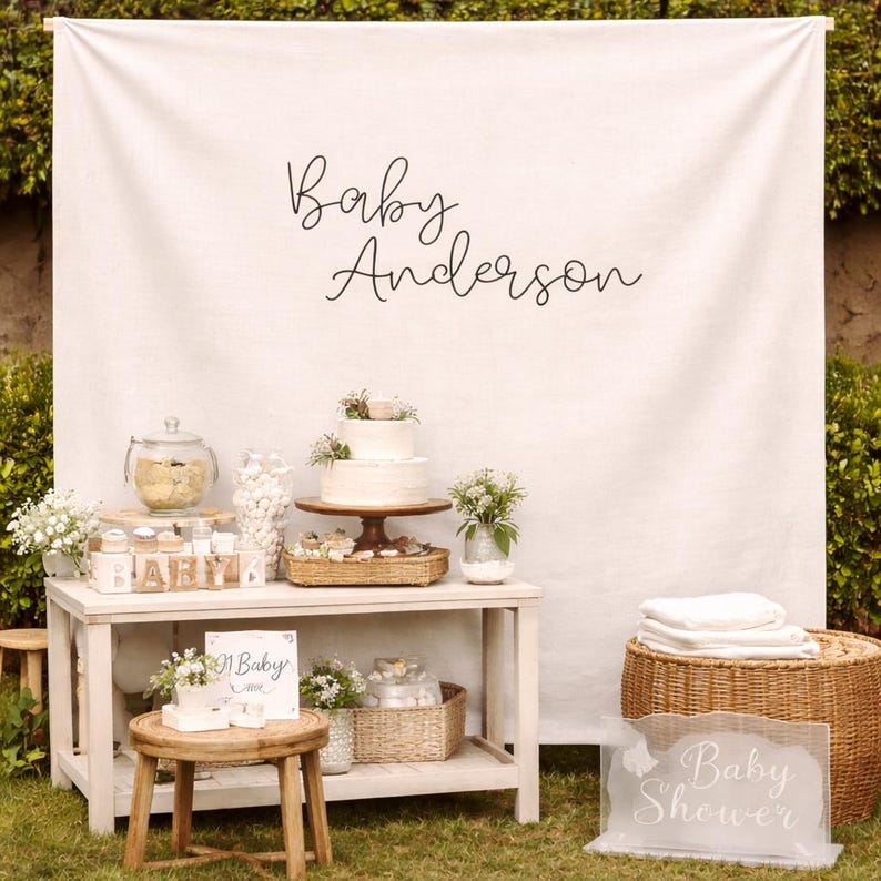 Custom Baby Shower Backdrop, Minimalist Name Banner, Neutral Linen Look ...