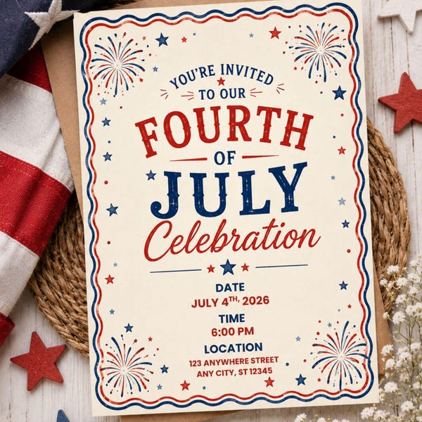 Fourth of July Celebration Invitation, Patriotic Party Invite, USA Summer Party, Editable Template