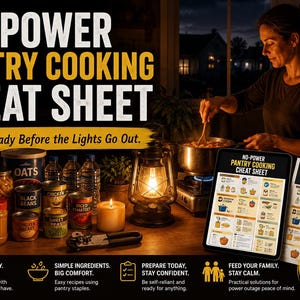 Può includere: Una guida No-Power Pantry Cooking Cheat Sheet che presenta una griglia di icone per la preparazione del cibo e testo. Il documento include il titolo No-Power Pantry Cooking Cheat Sheet e fornisce istruzioni per cucinare con le scorte di dispensa.