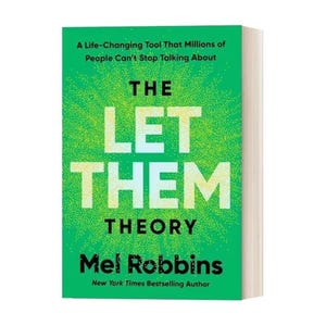 Może przedstawiać: Książka w twardej oprawie zatytułowana "THE LET THEM THEORY" autorstwa Mel Robbins. Okładka jest zielona z białym tekstem i tłem z małych zielonych kropek. Książka jest bestsellerem New York Times.