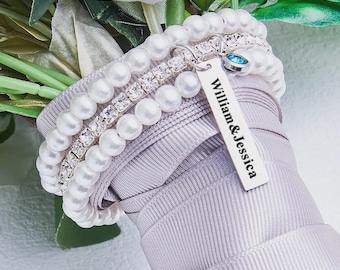Charm personalizado de perlas para ramo de novia, recuerdo de boda con nombre personalizado, detalle de diamantes de imitación "Something Blue"