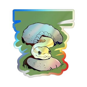 May include: A sticker featuring a cartoon snake with a cream-colored body and a smiling face. The snake is coiled on a rock, with another rock behind it. The background is green with a blue and red border.